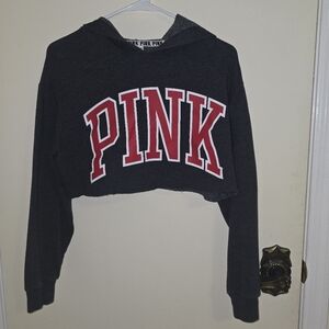 PINK Victoria's Secret Charcoal Gray Cropped Hoodie with Red Logo